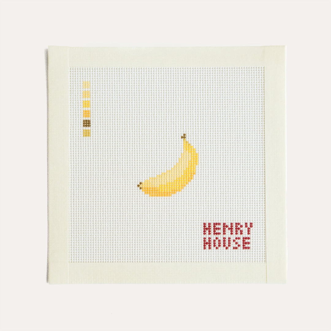 Banana Mini by Henry House Designs, 18 mesh needlepoint canvas featuring a miniature banana