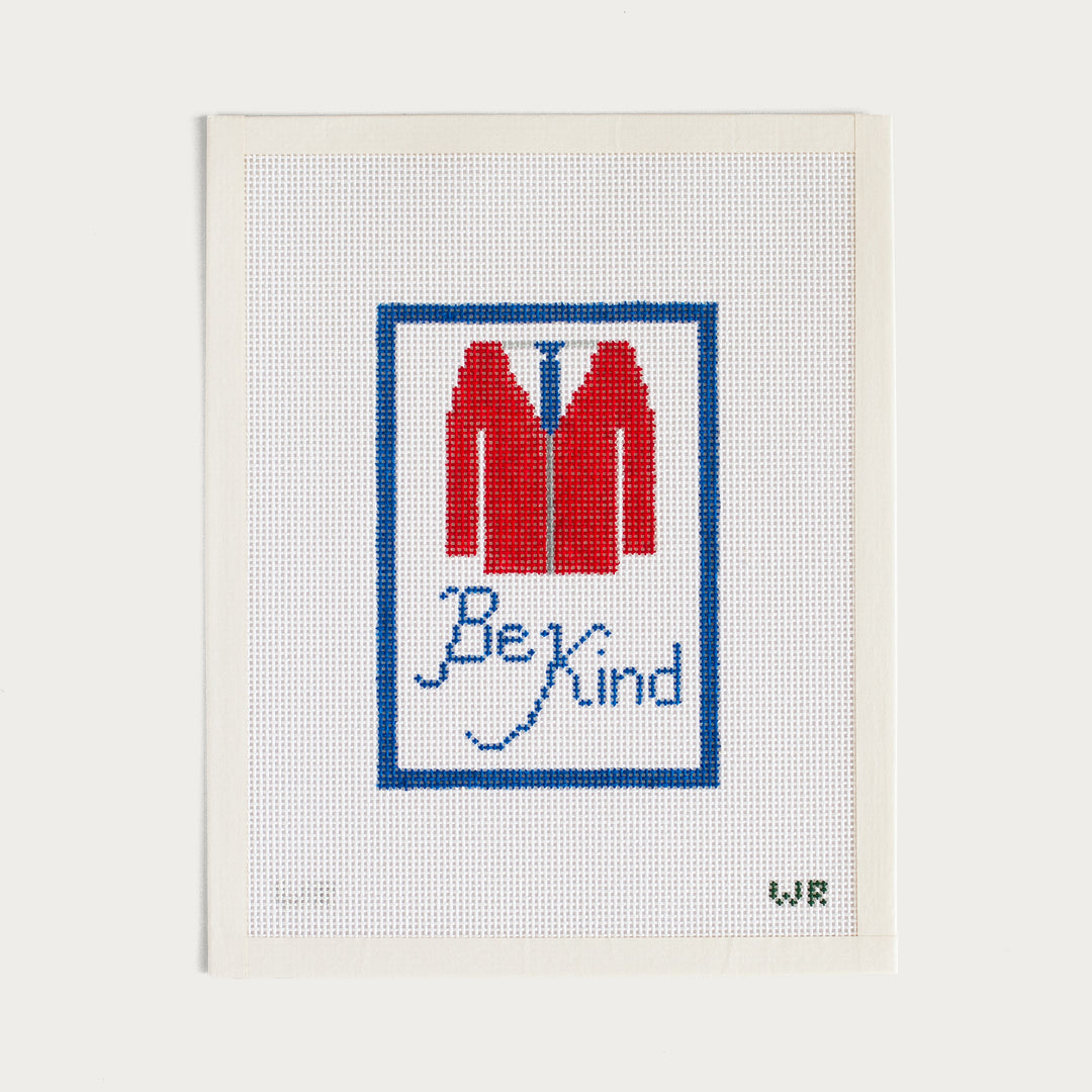 Hand-painted Be Kind needlepoint canvas inspired by Mr. Rogers’ message of kindness.