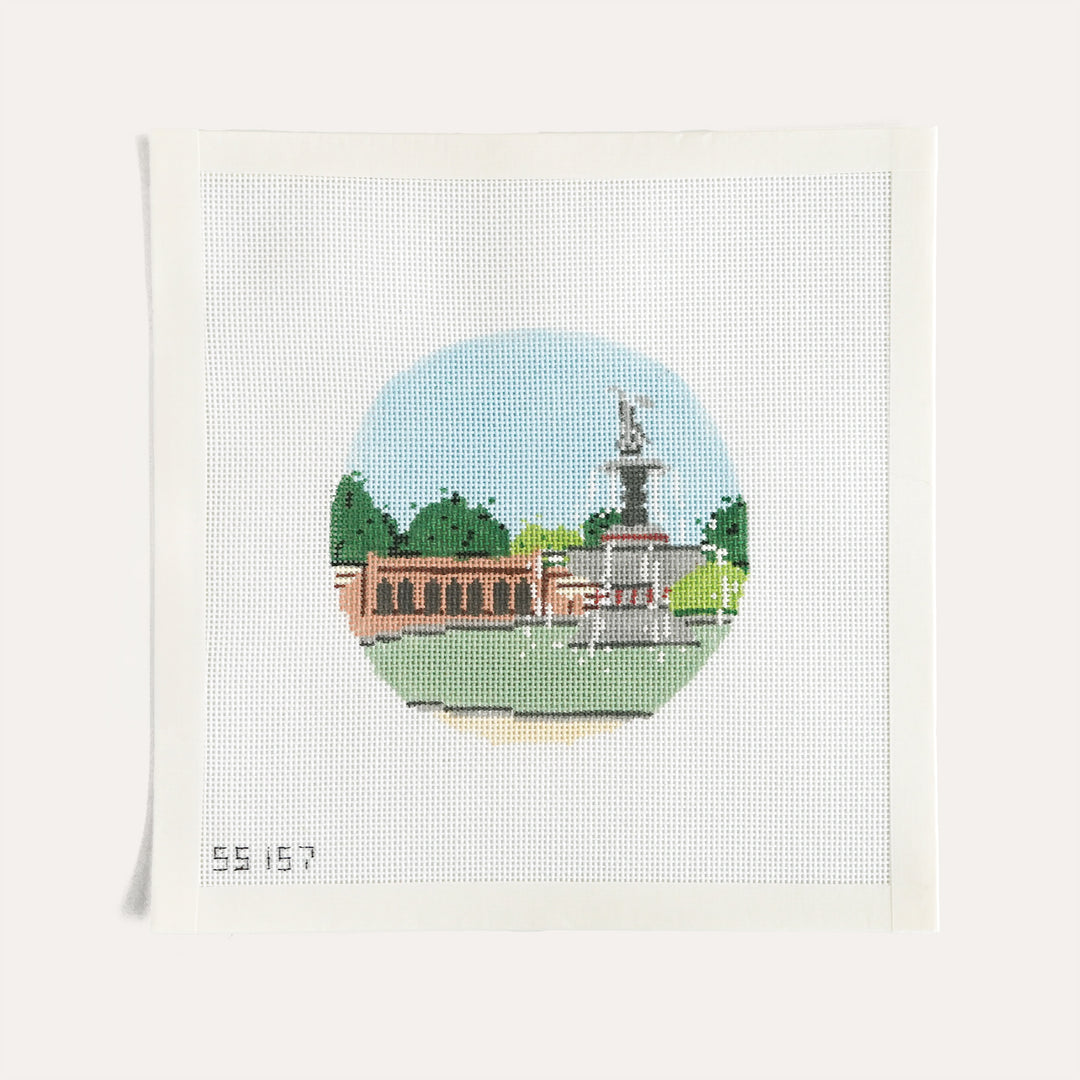 Bethesda Fountain round hand painted needlepoint canvas by Stitch Style on 18 mesh including stitch guide