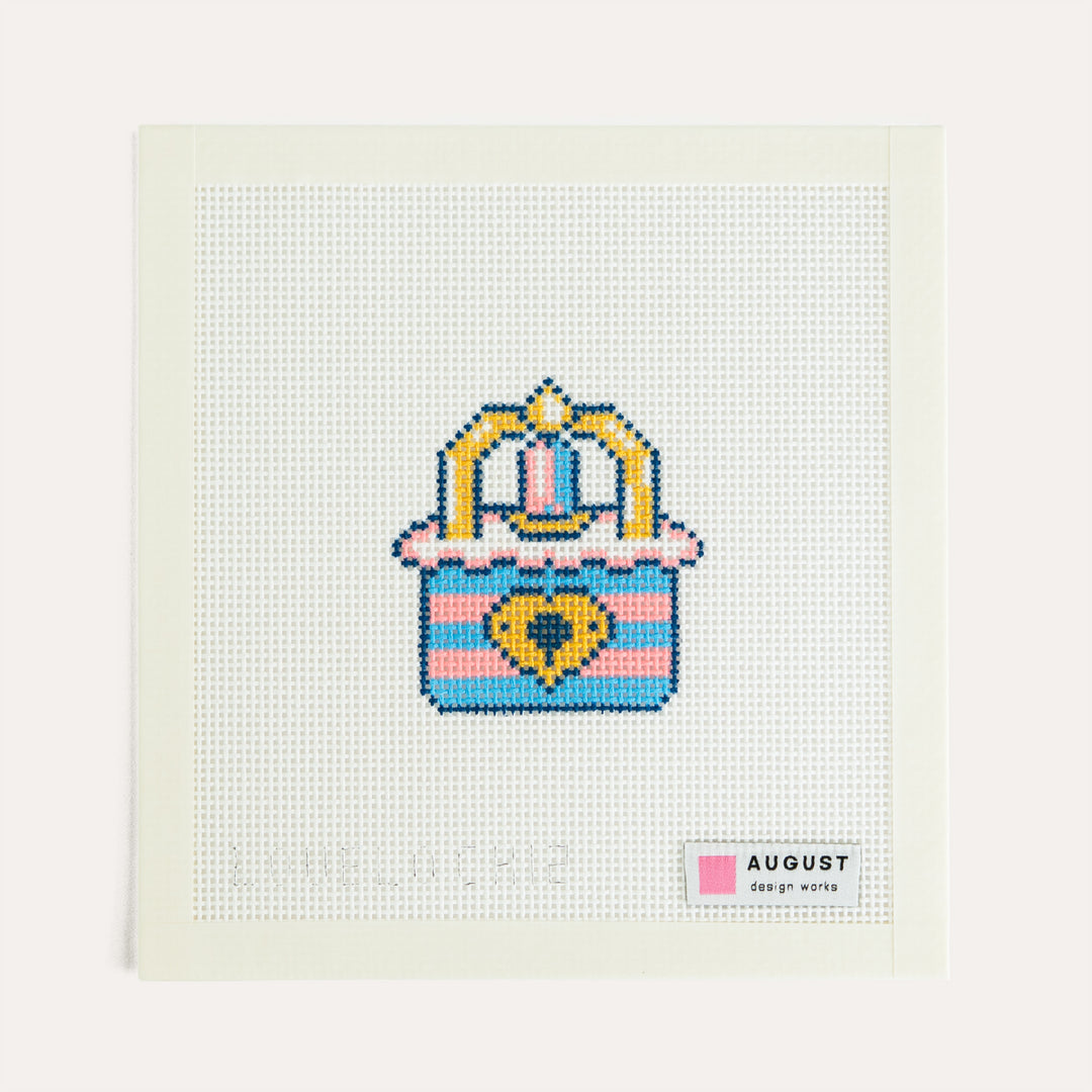 Birthday Love Lock needlepoint canvas by August Design Works with a silver key charm on 13 mesh canvas.