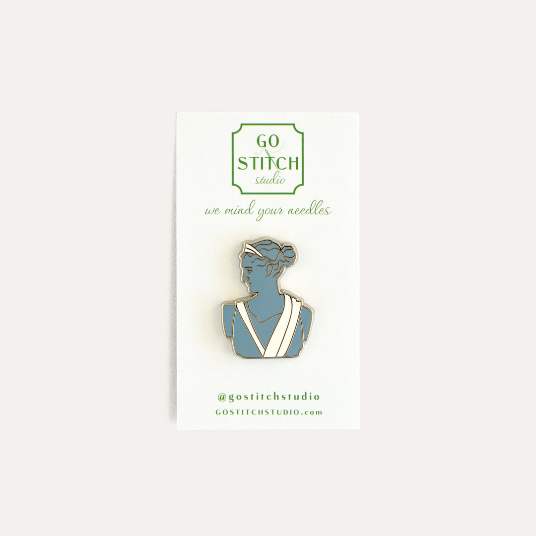 Blue Goddess needle minder by Go Stitch Studio magnetic needle holder for needlepoint stitching