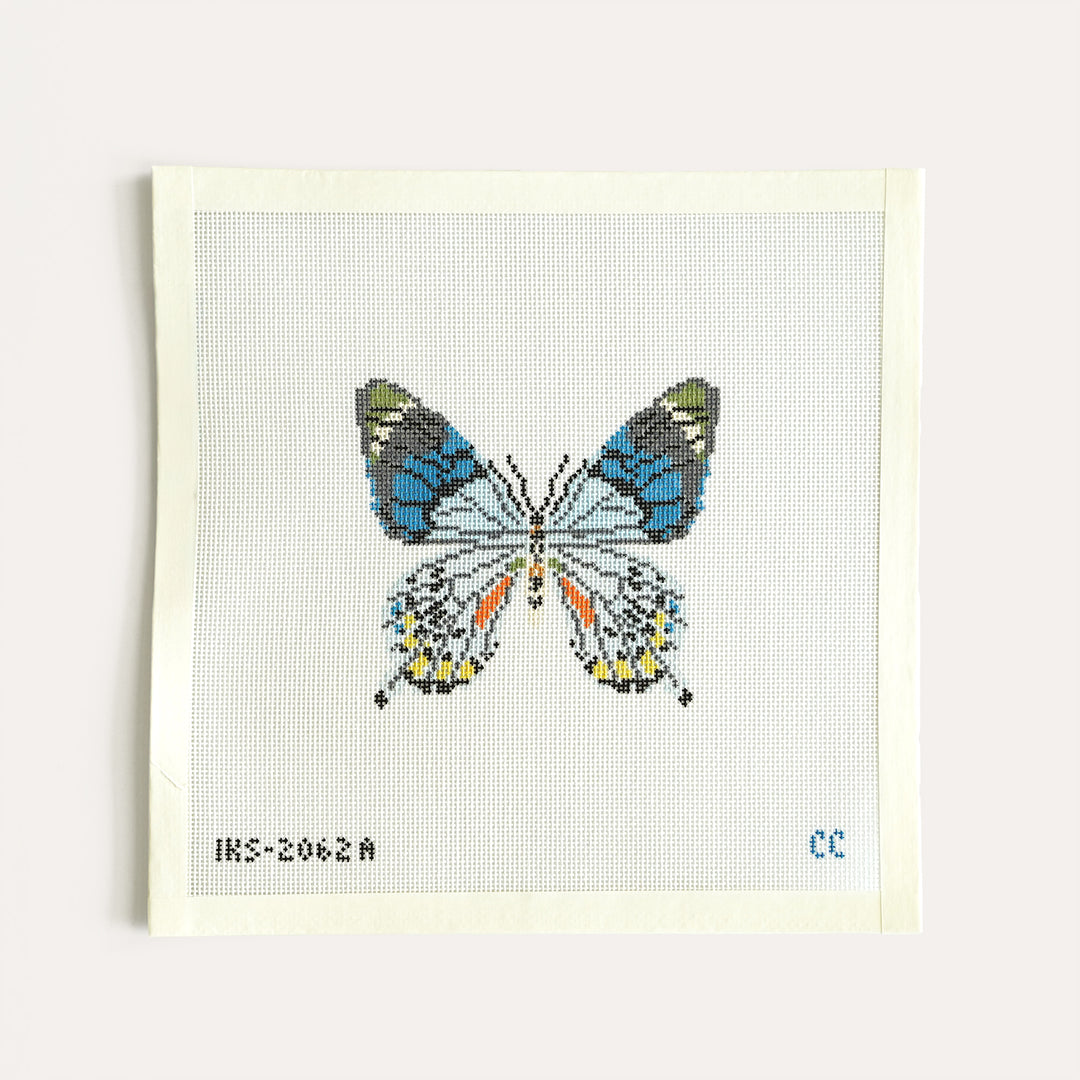 Blue Grey Butterfly Ornament Needlepoint Canvas by Initial K Studio, 18 Mesh, Stitch Painted
