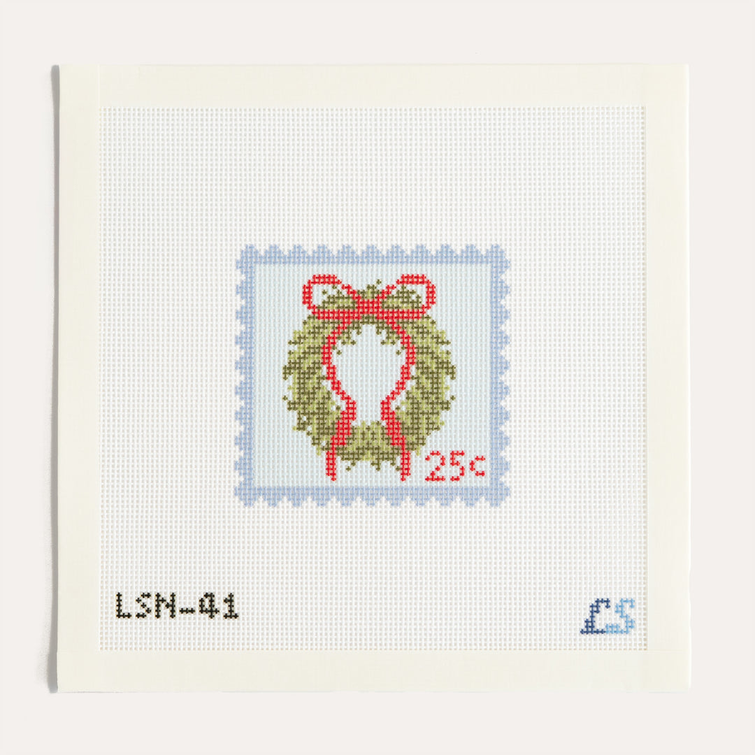 Blue Holiday Wreath Postage Stamp needlepoint canvas by Lake Shore Needlepoint on 18 mesh canvas