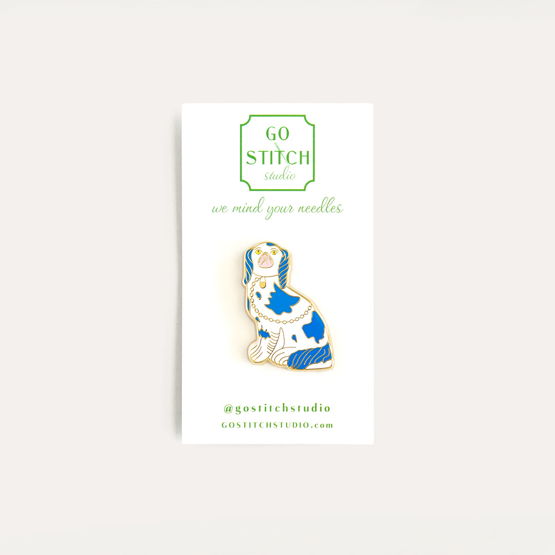 Blue Staffordshire dog needle minder by Go Stitch Studio with secure magnet
