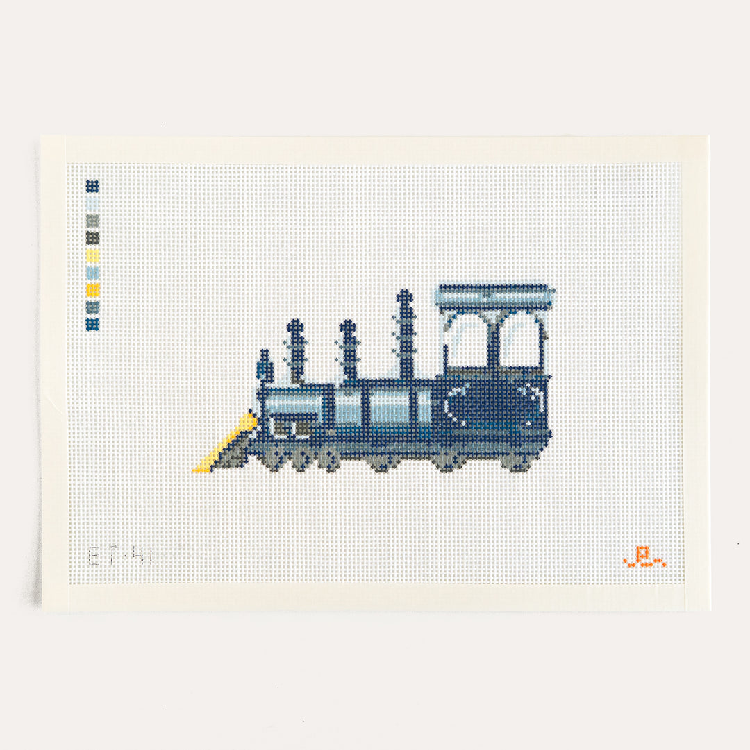 The Blue Train needlepoint canvas by Elizabeth Taylor featuring a blue train design on 13 mesh canvas.