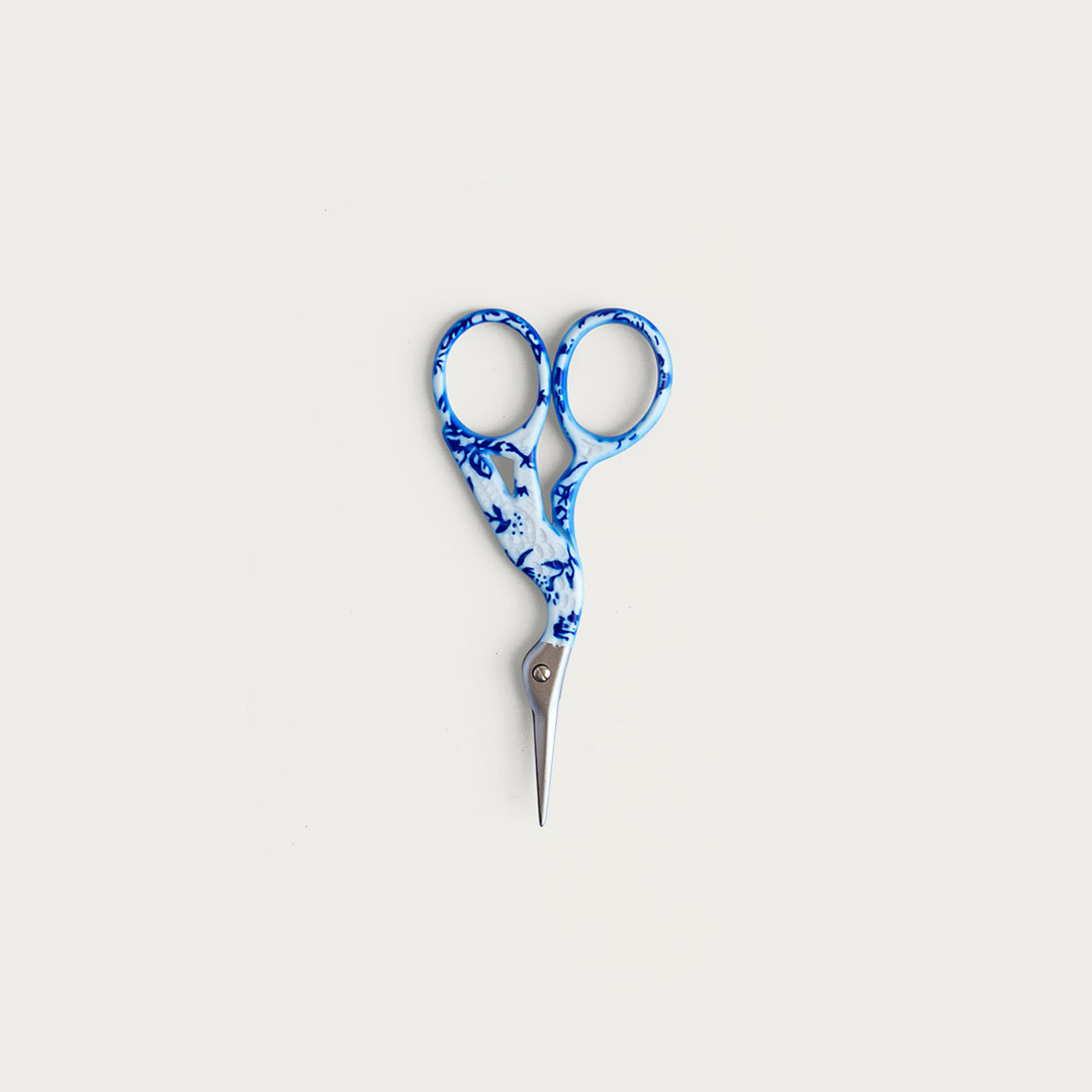 Blue & White Crane Scissors, classic stork embroidery scissors for precision needlework.