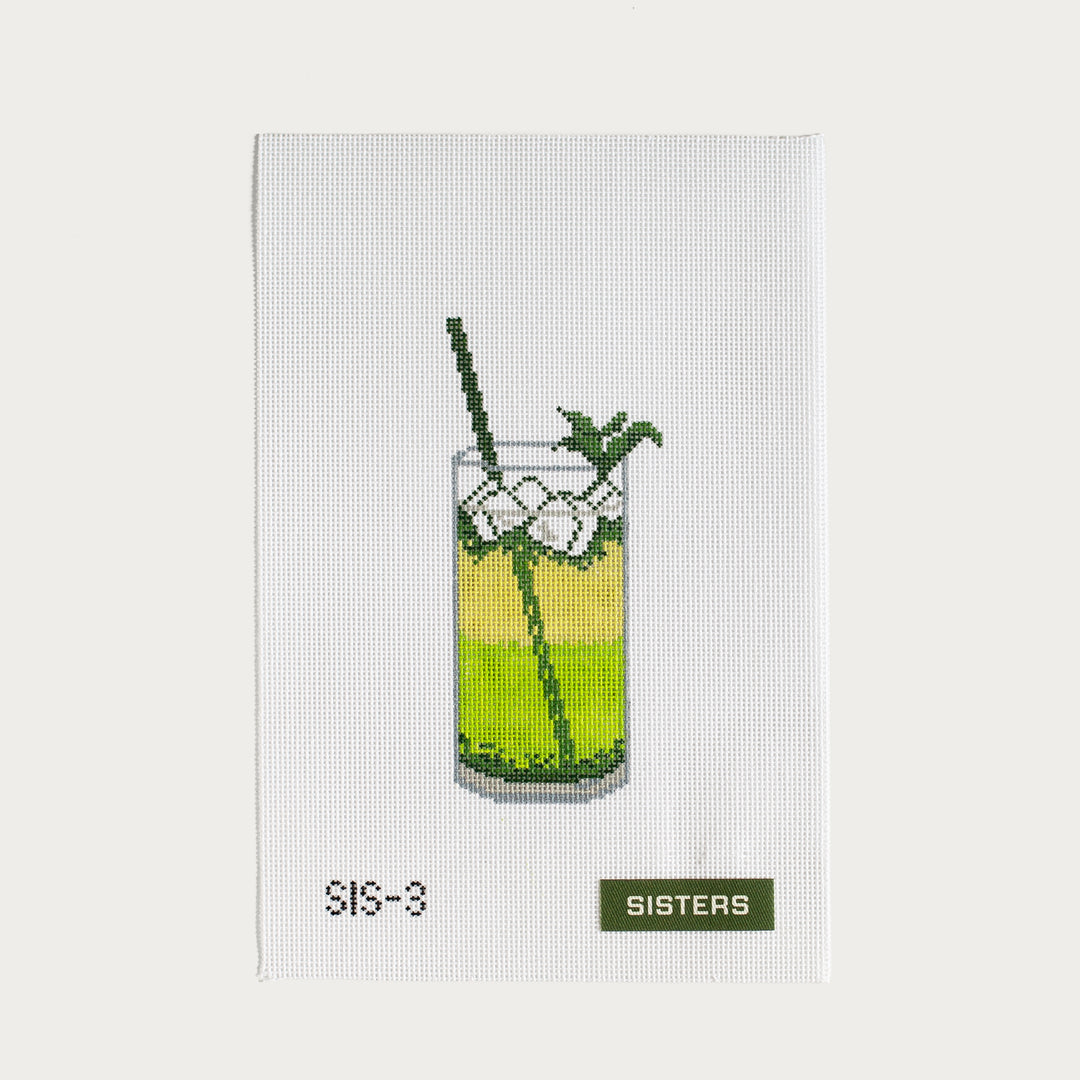 Hand-painted Bootleg Cocktail needlepoint canvas featuring a classic drink design.