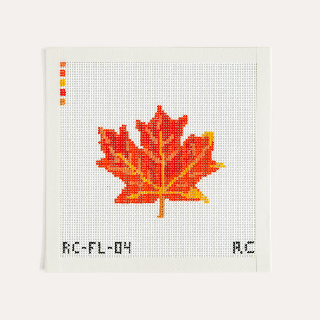 Bright Fall Leaf needlepoint canvas by RenniCo, 4.06 x 3.5 inch autumn leaf design on 13 mesh