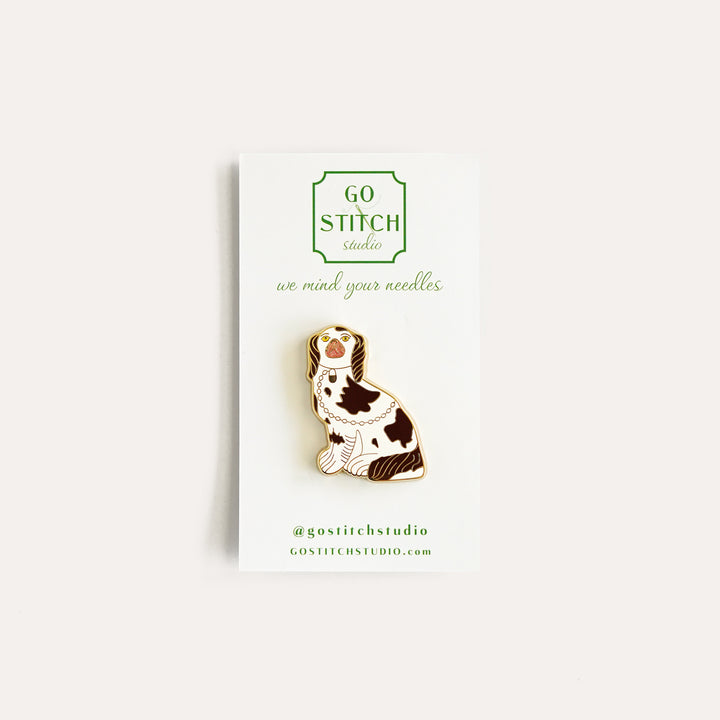 Brown Staffordshire Dog Needle Minder by Go Stitch Studio with hard enamel and gold accents