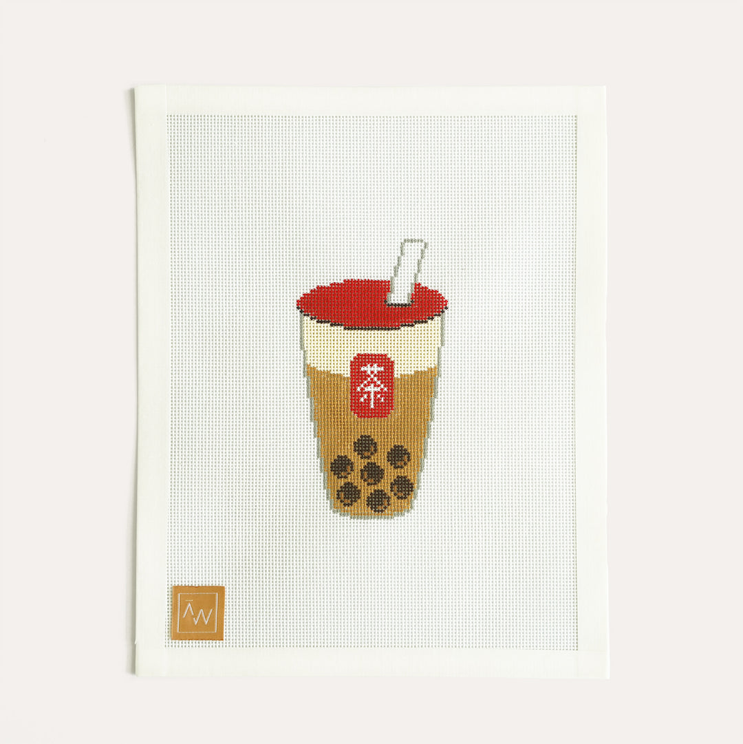 Bubble Tea needlepoint canvas with 18 mesh design featuring a boba drink by Audrey Wu