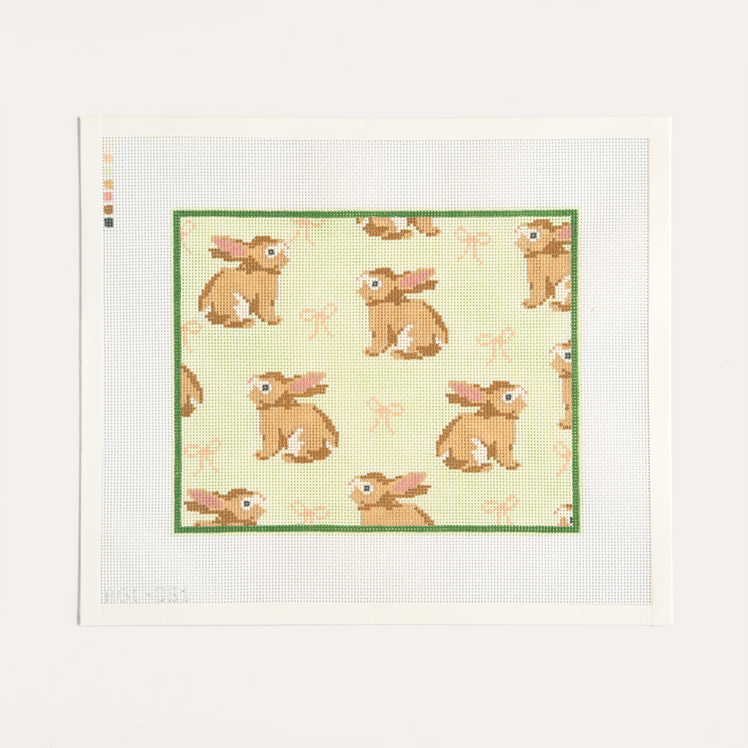 Bunnies and Bows needlepoint canvas by Dogwood Needlepoint on 13 mesh with bunnies and pink bows