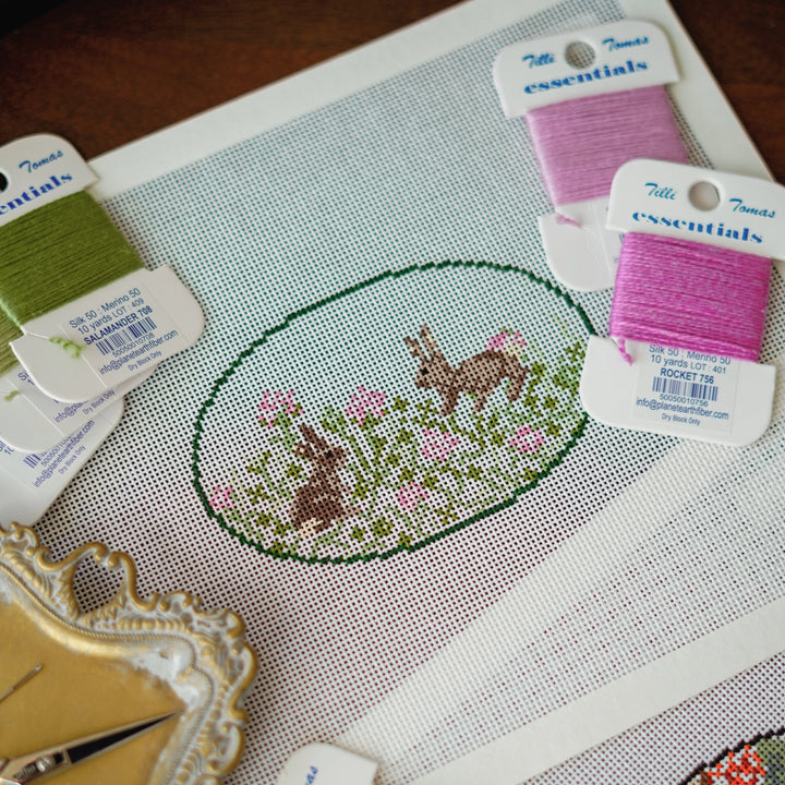 Bunny in clover needlepoint canvas by Elizabeth Taylor in 18 mesh