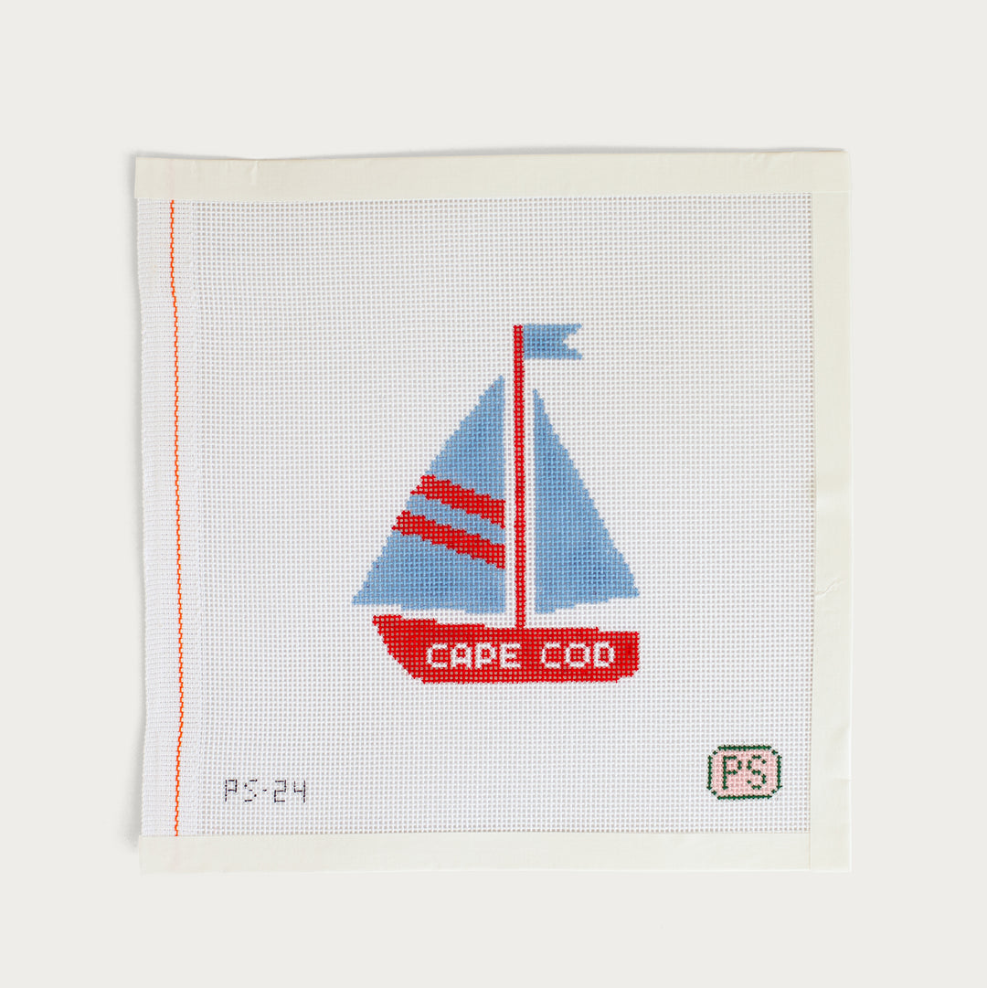 Hand-painted Cape Cod Sailboat needlepoint canvas on 18 mesh, featuring a classic seaside design.