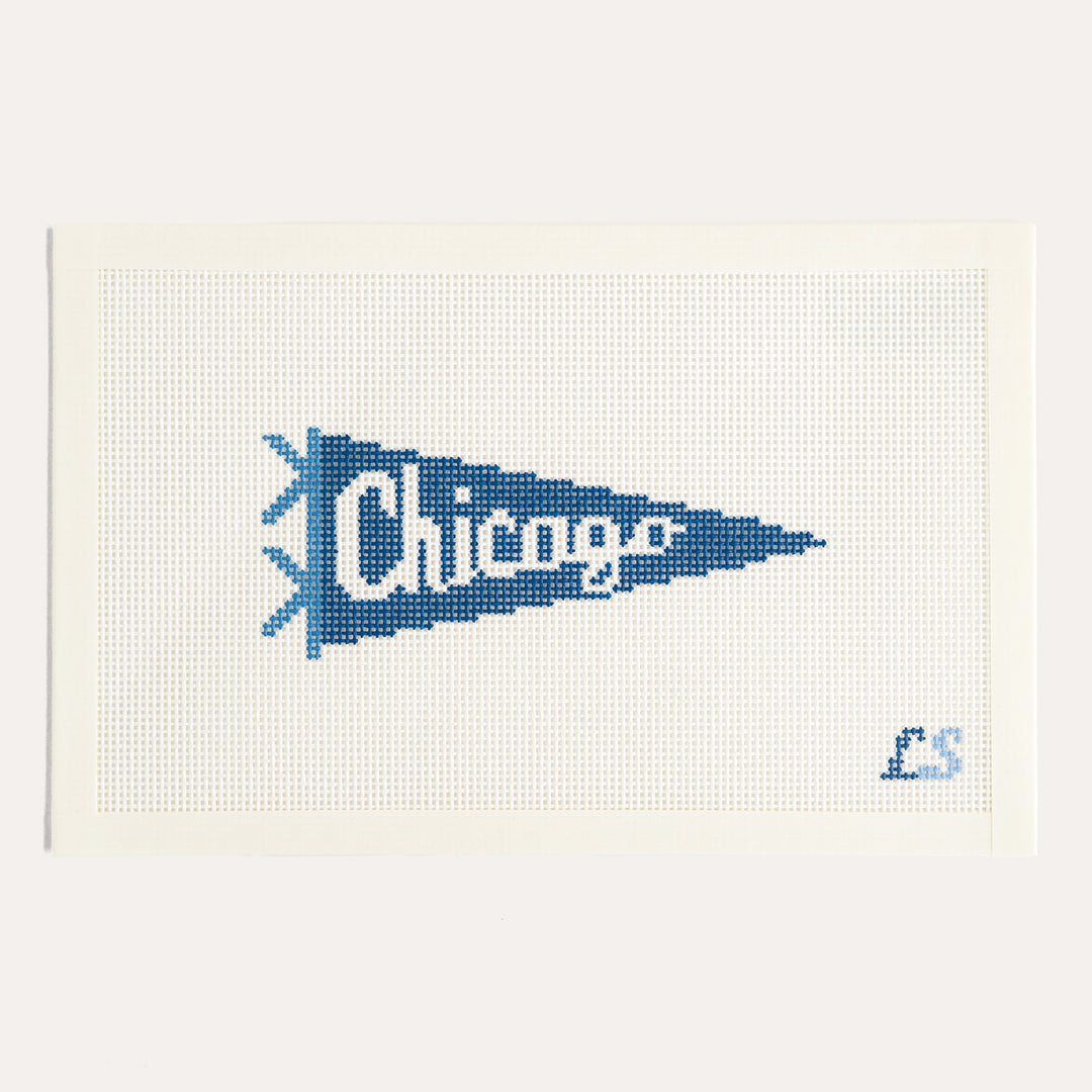 Chicago Flag needlepoint canvas by Lake Shore Needlepoint with blue Chicago pennant on 13 mesh canvas
