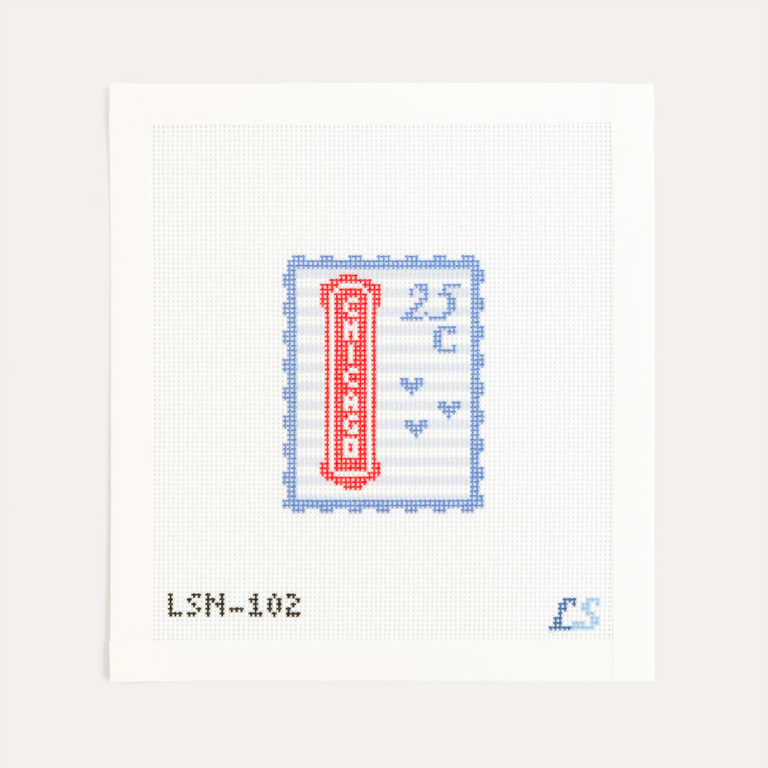 Chicago Postage Travel Stamp needlepoint canvas by Lakeshore Needlepoint on 18 mesh