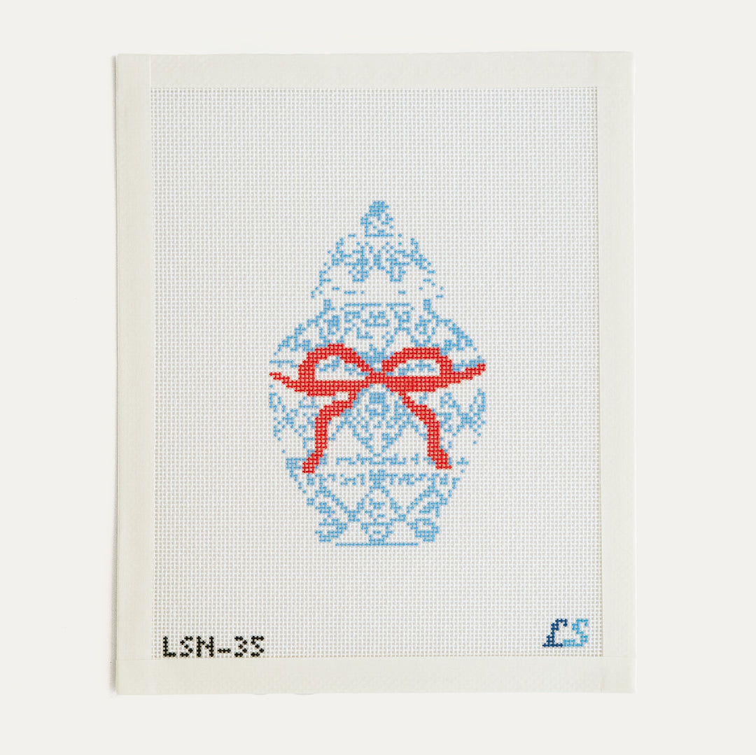 Chinoiserie Ginger Jar needlepoint canvas by Lake Shore Needlepoint featuring a ginger jar with festive red bow on 18 mesh