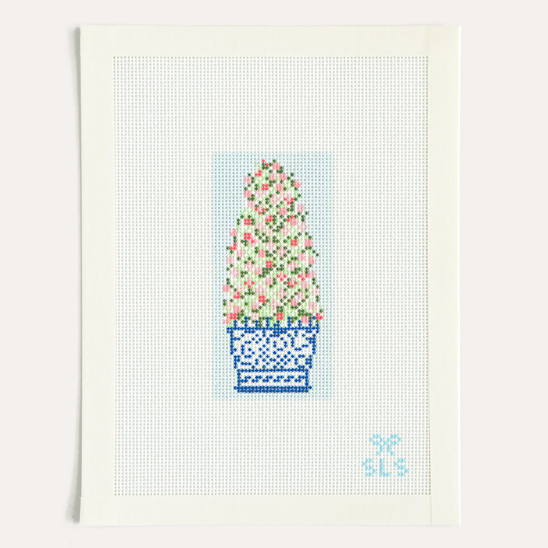 Chinoiserie Rose Trellis on Blue by SLS Needlepoint, 18 mesh floral canvas for decorative stitching