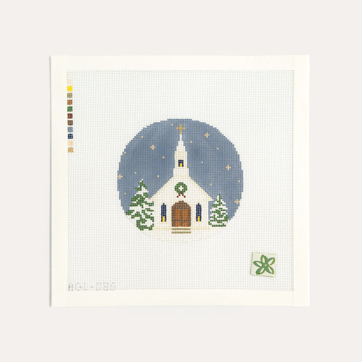 Christmas Chapel needlepoint canvas by Dogwood Needlepoint featuring a winter chapel on 18 mesh
