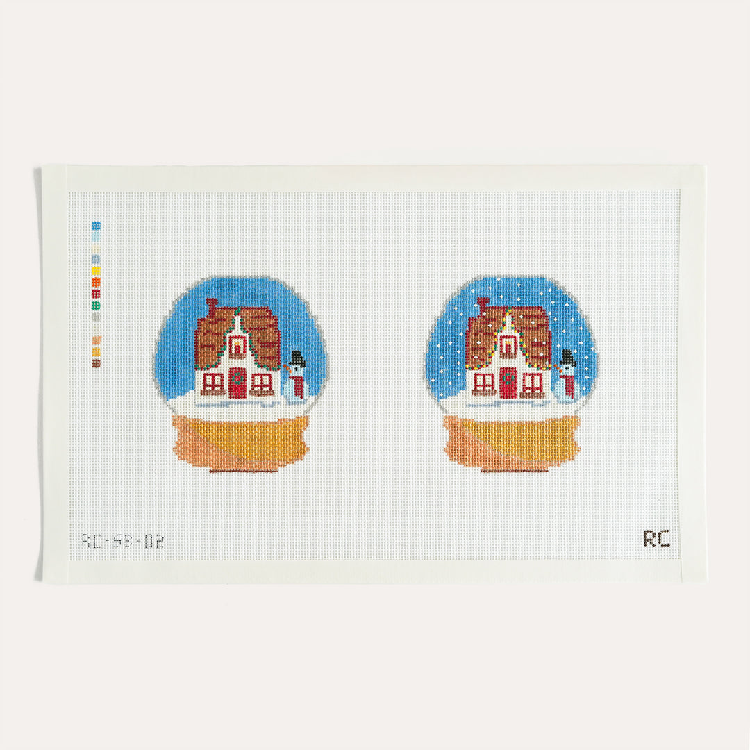 Christmas House Snowglobe needlepoint canvas by RenniCo, 3.5 x 4 inch double sided holiday design on 18 mesh