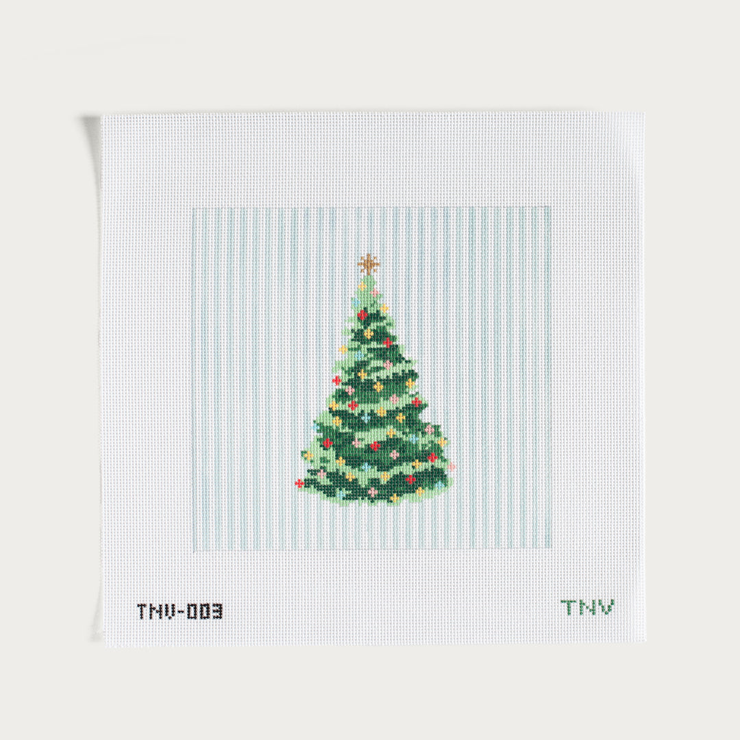 Hand-painted Christmas Tree on Stripes needlepoint canvas with a festive holiday design.