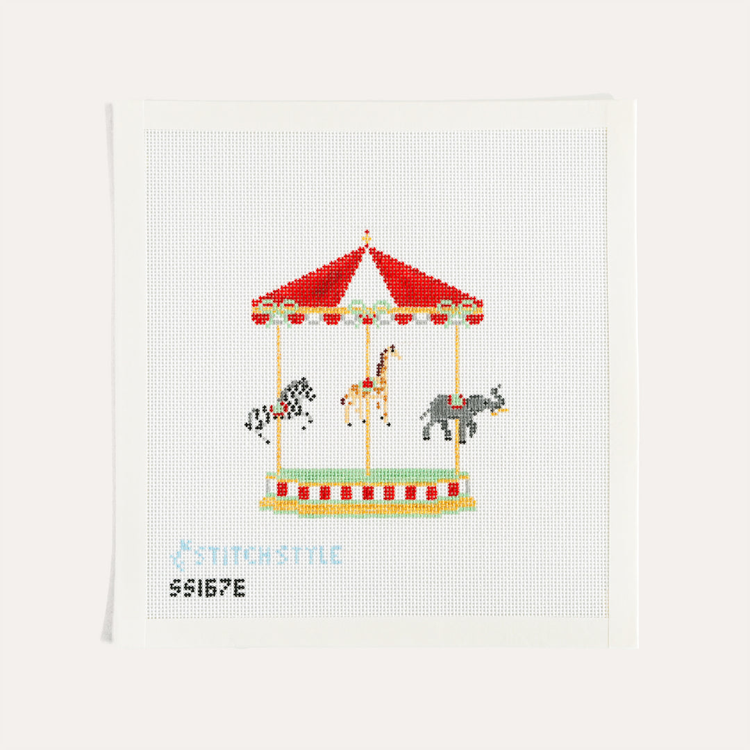 Circus Carousel Animals needlepoint canvas by Stitch Style with elephant giraffe and zebra on 18 mesh