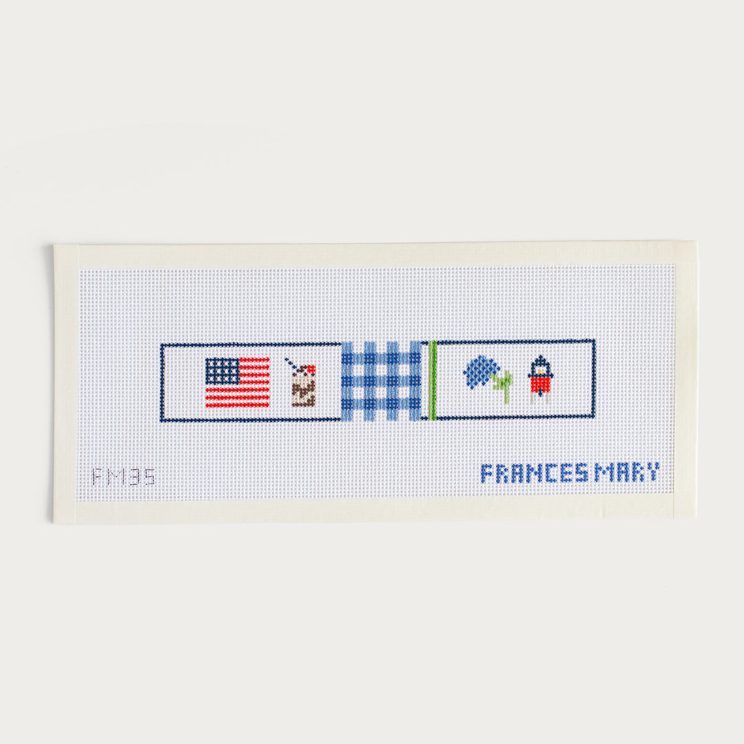 Hand-painted Coastal New England key fob needlepoint canvas with gingham, hydrangeas, a drink, flag, and lighthouse.