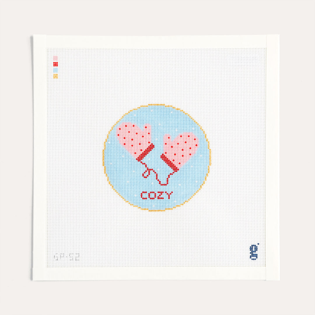 Round 4 inch needlepoint canvas with winter mittens on 18 mesh by Goodpoint Needlepoint