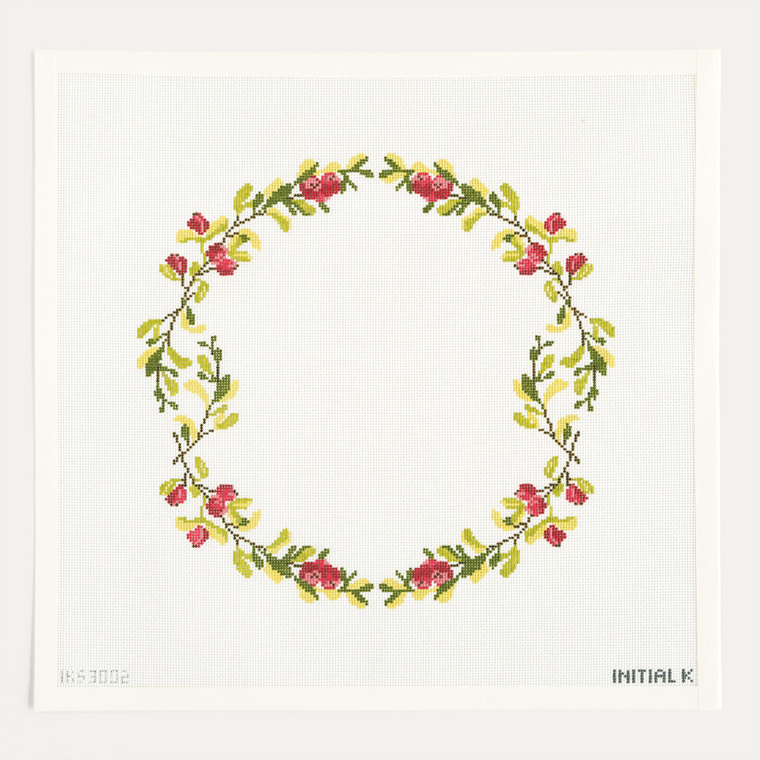Cranberry Wreath needlepoint canvas by Initial K Studio, 18 mesh holiday wreath design in red and green