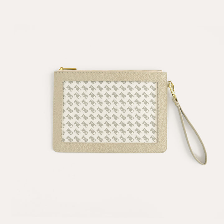 Soft cream leather self finishing needlepoint wristlet with gold hardware
