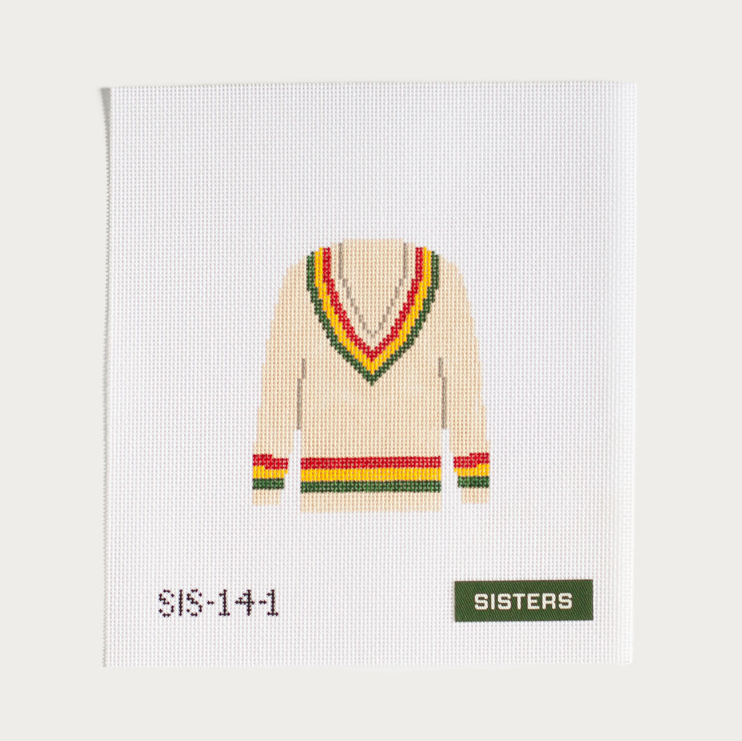 Hand-painted Cricket Sweater needlepoint canvas in cream with a classic preppy design.