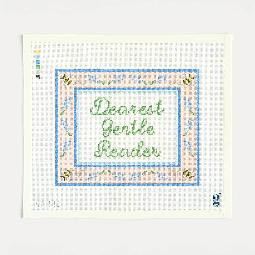 Dearest Gentle Reader needlepoint canvas by Goodpoint Needlepoint on 13 mesh, inspired by beloved period drama
