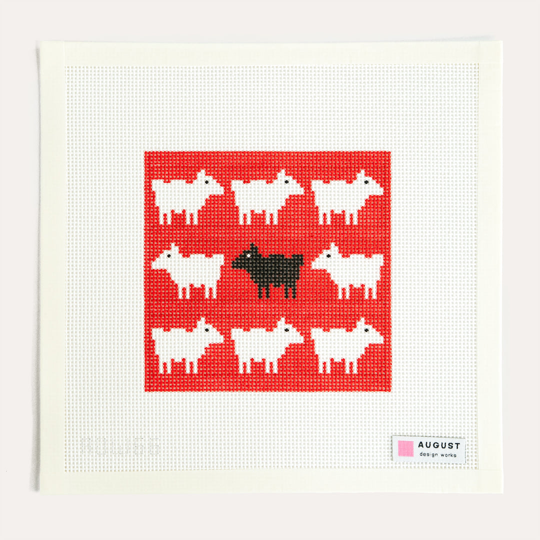 Diana Black Sheep needlepoint canvas by August Design Works inspired by Princess Diana's iconic Black Sheep sweater on 13 mesh canvas.