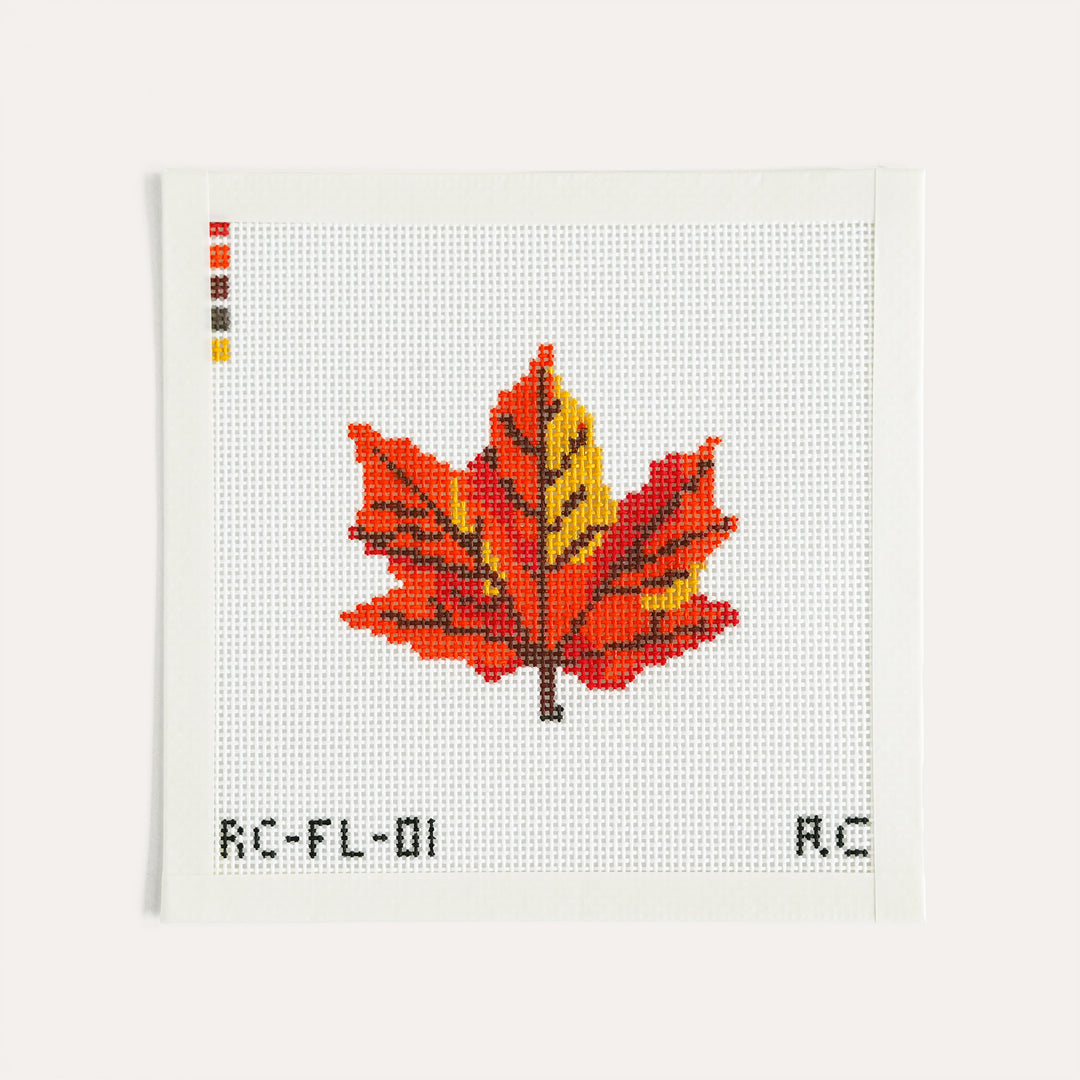 Dreaming of Fall needlepoint canvas by RenniCo, 3.62 x 3.62 inch autumn leaf design on 13 mesh