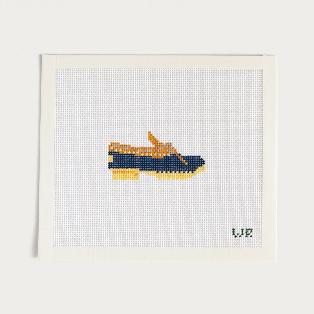 Hand-painted Duck Boot Moccasin needlepoint canvas in blue with a classic outdoor design.