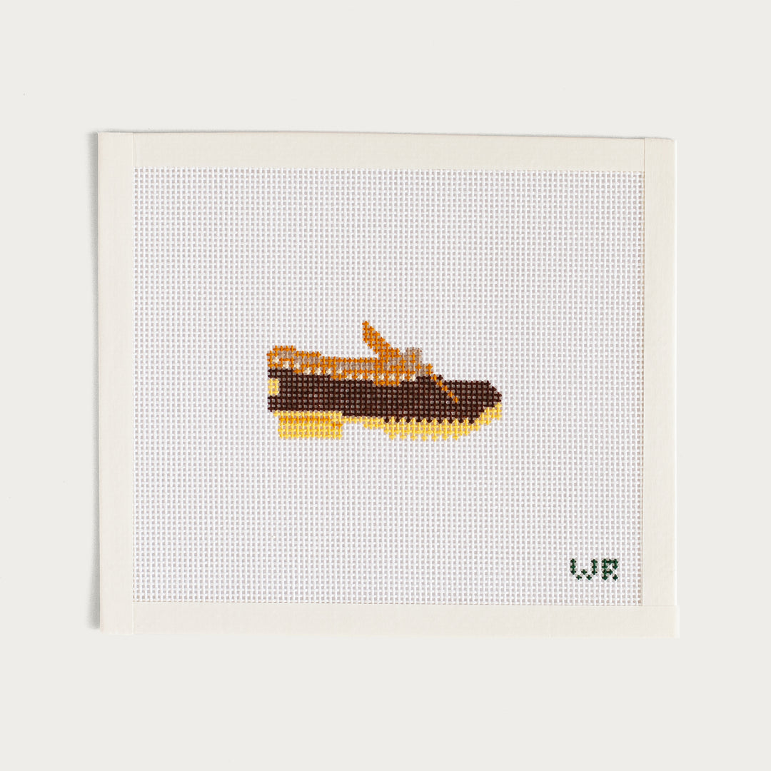 Hand-painted Duck Boot Moccasin needlepoint canvas in brown with a classic outdoor design.