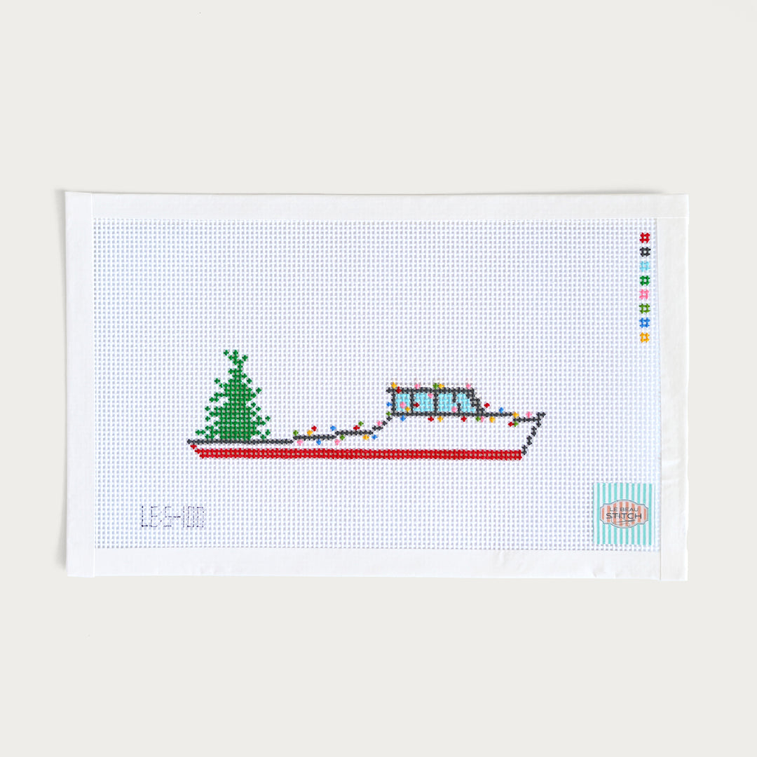 Hand-painted Eastern Shore Crab Boat Christmas Tree needlepoint canvas on 13 mesh with a festive coastal holiday design.