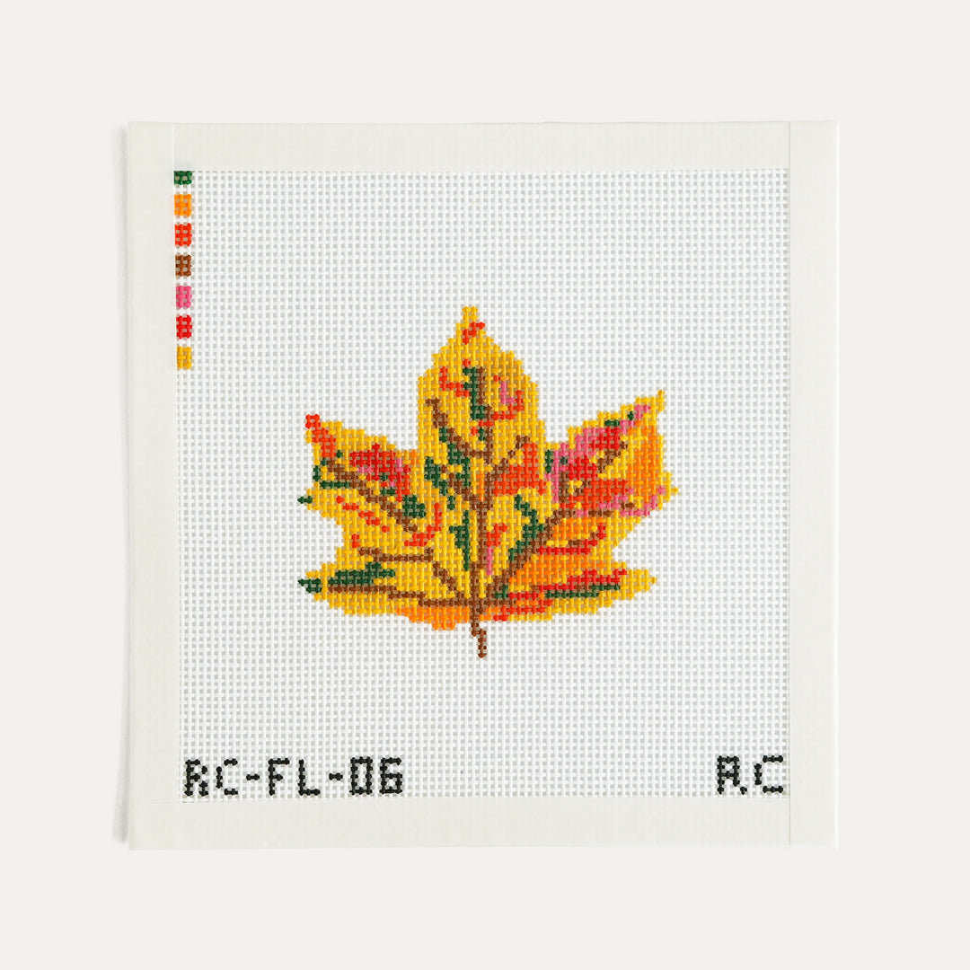 Fall Confetti Leaf needlepoint canvas by RenniCo, 3.94 x 3.5 inch autumn leaf design on 13 mesh