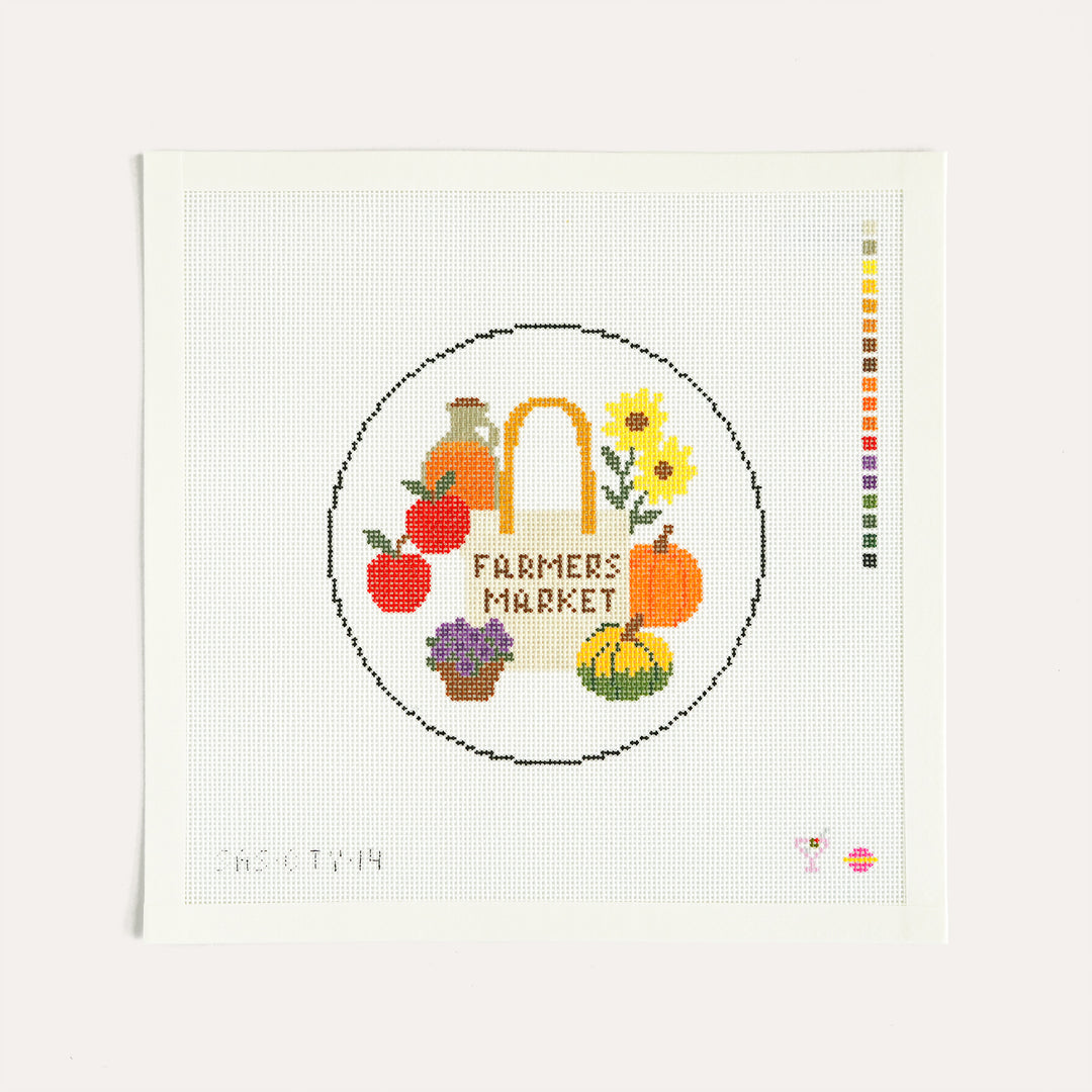 Fall Farmers Market Round needlepoint canvas by Saturnalia Stitching on 18 mesh with autumn produce