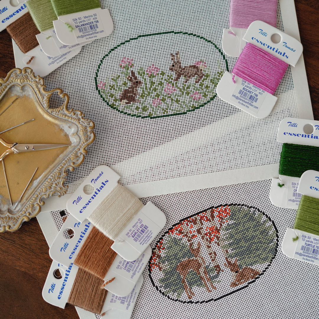 Fawn oval and bunny in clover oval by Elizabeth Taylor needlepoint canvases in 18 mesh