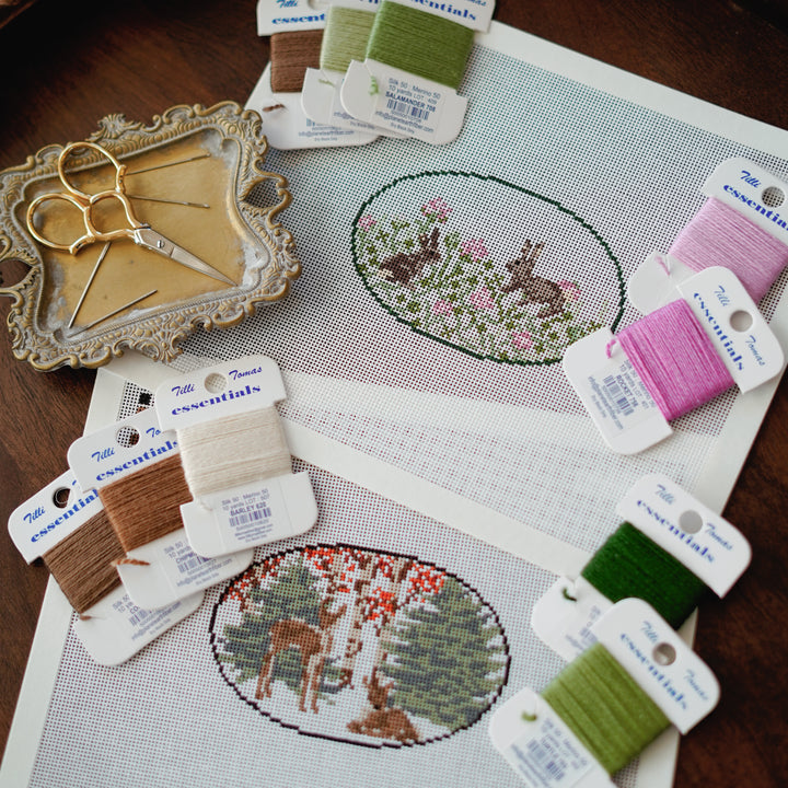 Fawn oval and Bunny in clover oval needlepoint canvases by Elizabeth Taylor in 18 mesh
