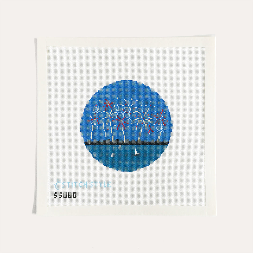 Fireworks round needlepoint canvas by Stitch Style with boats and night sky on 18 mesh including stitch guide