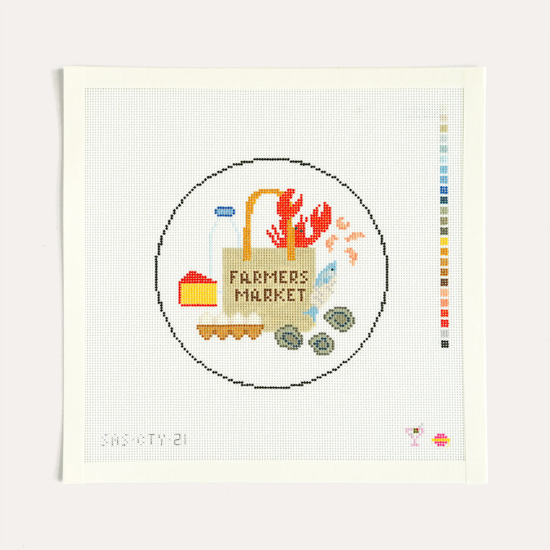 Fisherman’s Market Round needlepoint canvas by Saturnalia Stitching on 18 mesh with coastal market theme