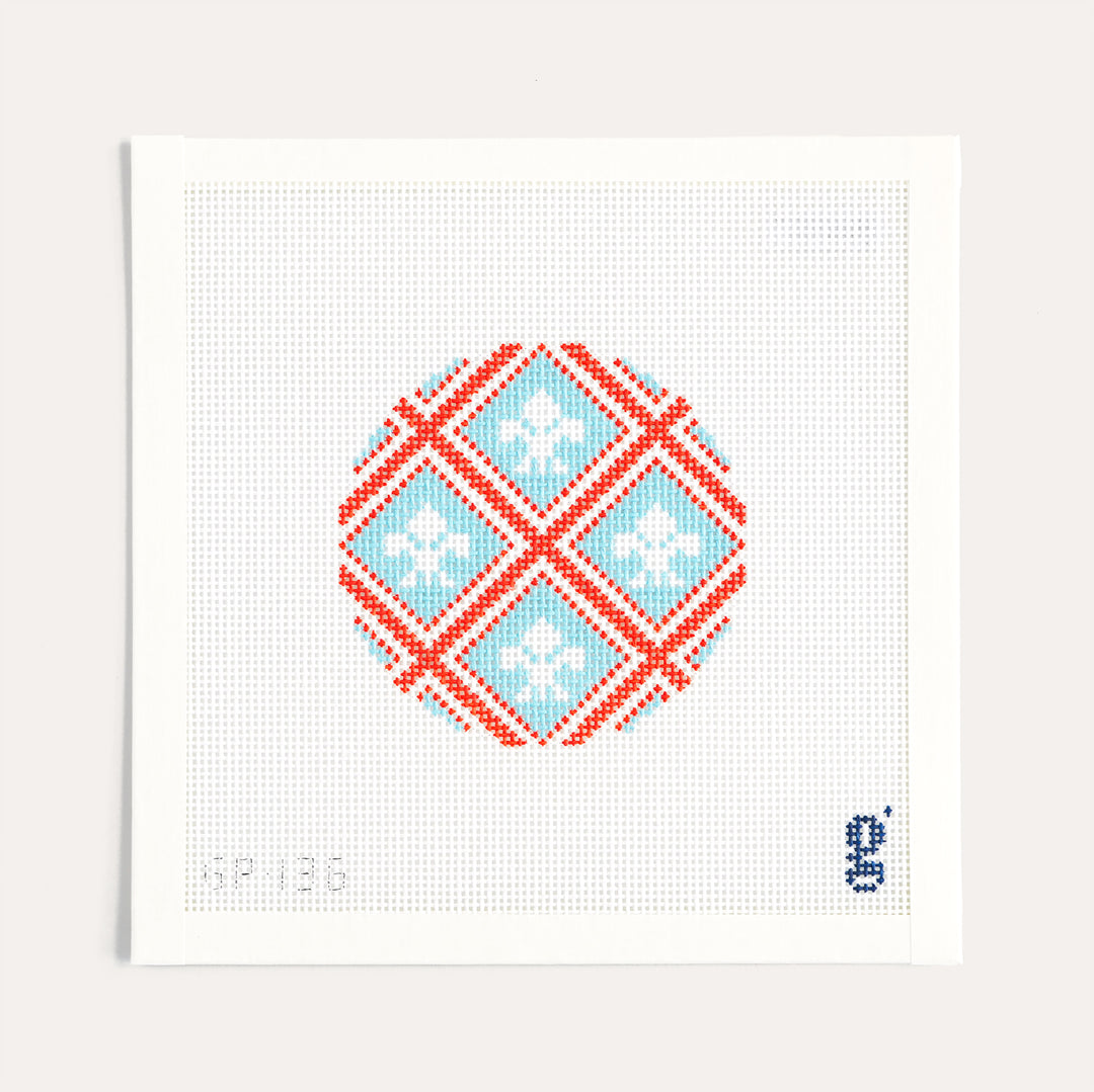 4 inch round needlepoint canvas with a classic Fleur de Lis design on 13 mesh