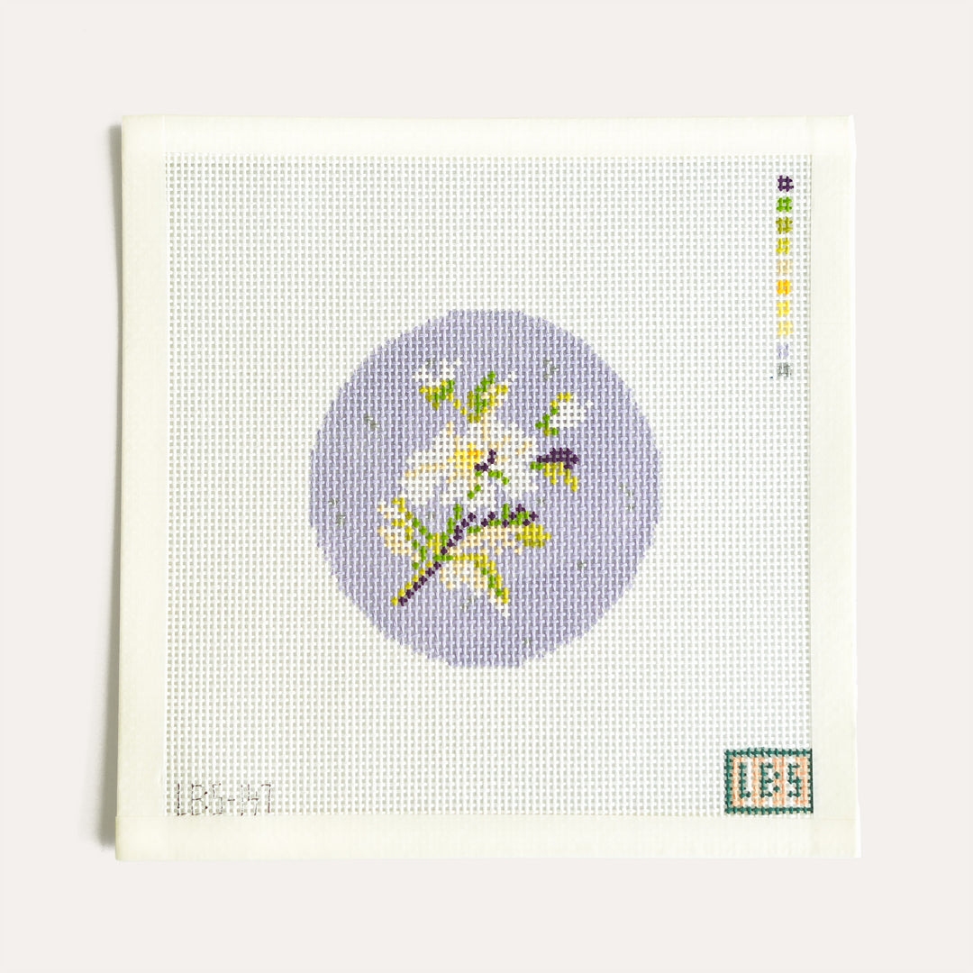 Fleur Méridienne 13 mesh needlepoint canvas with purple background by Le Beau Stitch