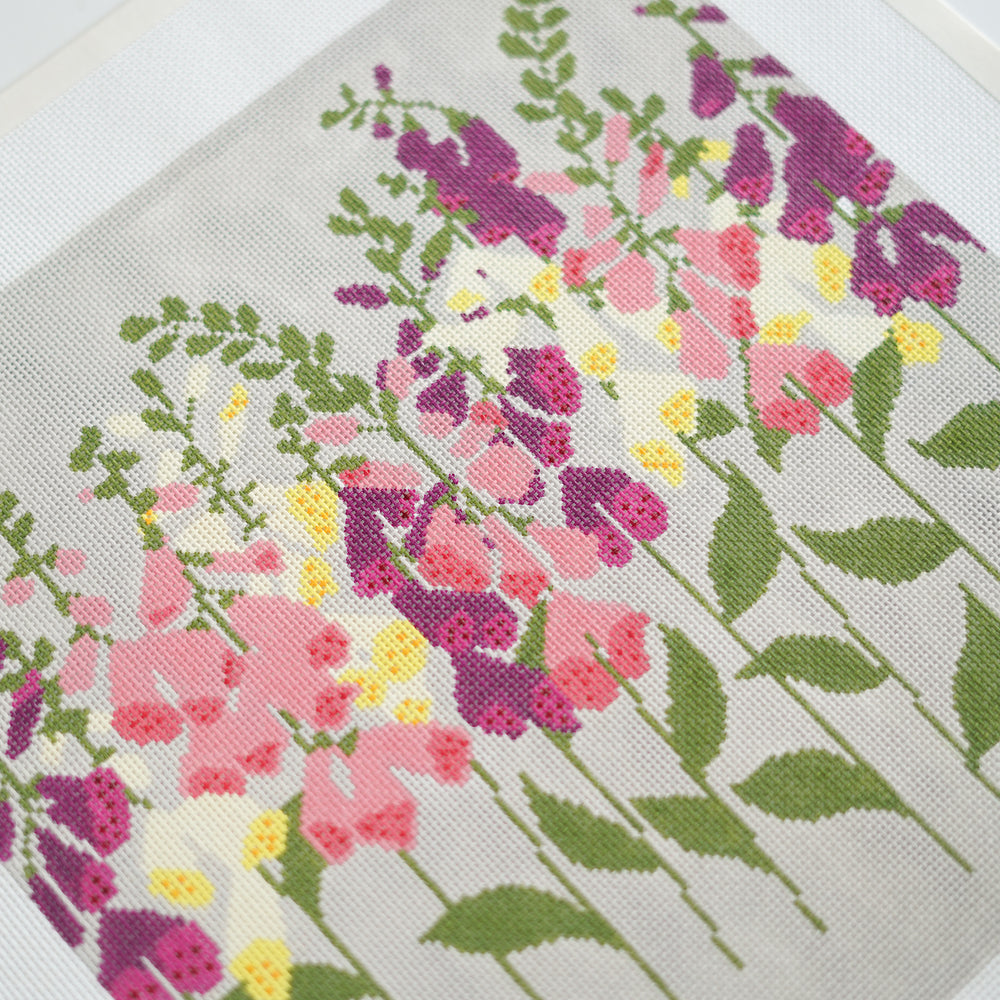Detail view of Foxgloves needlepoint canvas by Tasha Lansbury on 13 mesh