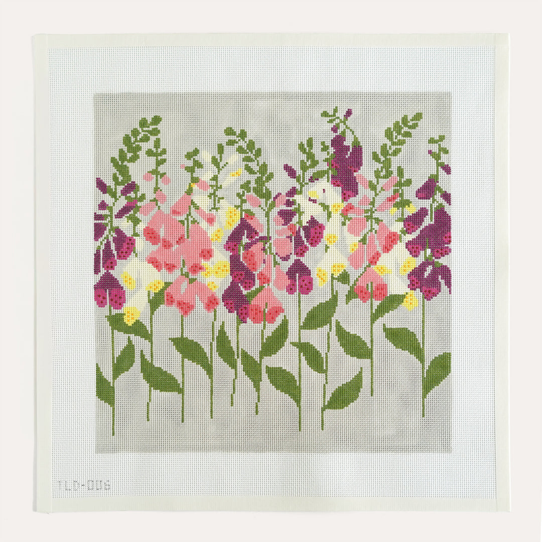 Foxgloves needlepoint canvas by Tasha Lansbury on 13 mesh