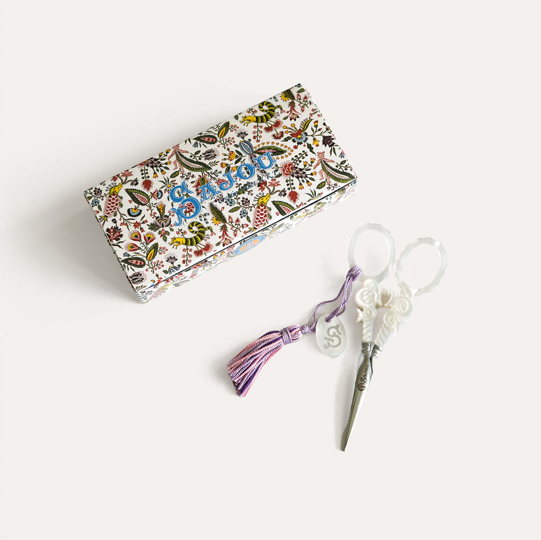 Artisan made Sajou Maison French embroidery scissors with imitation mother of pearl handles