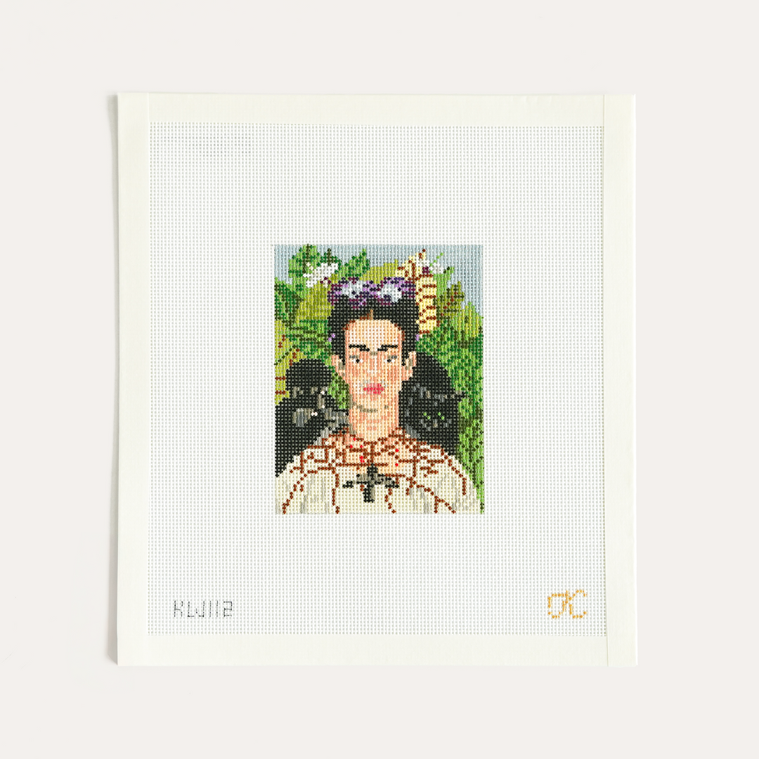 Frida Kahlo self portrait needlepoint canvas by The Gingham Stitchery on 18 mesh, colorful design