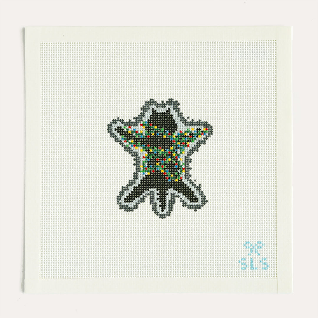 Fried Cat Christmas movie needlepoint ornament on 13 mesh, festive holiday design for all stitchers