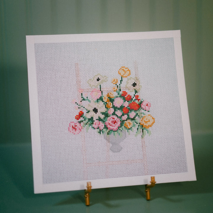 Garden Party Bouquet needlepoint canvas with colorful flowers on 13 mesh